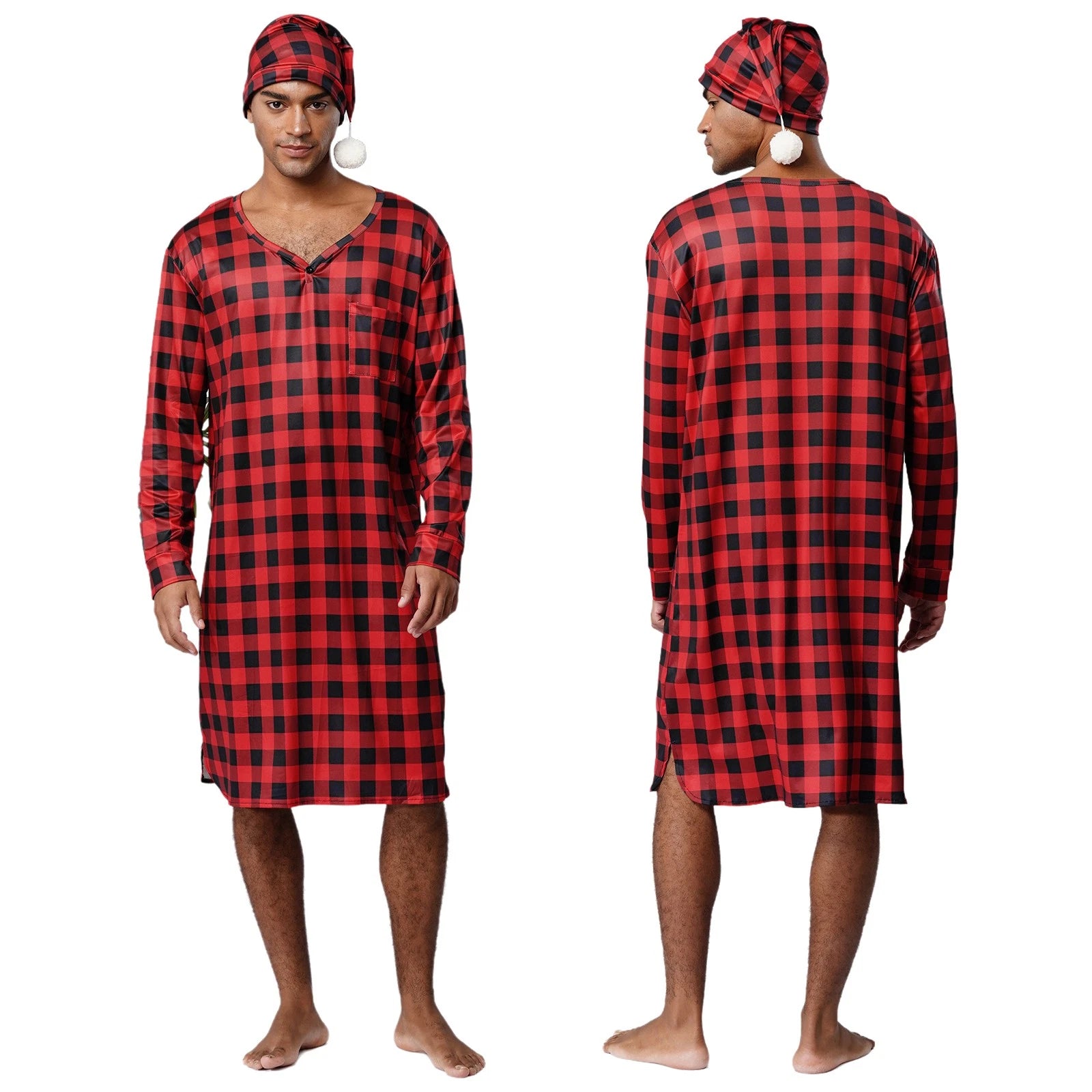 Mens Nightwear Satin Silk Pajama Set  long Sleeve and hat Sleepwear Nightgown