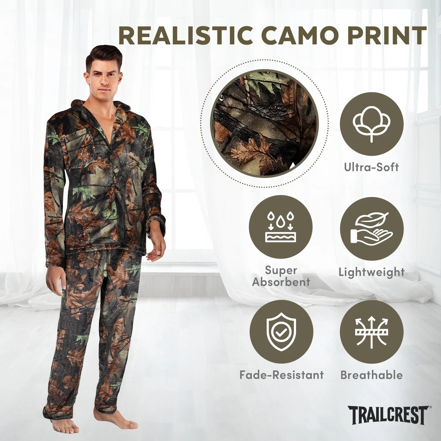 TrailCrest by Treel Camo Soft Plush Fleece Button L/S Shirt & Pants Pajama Set