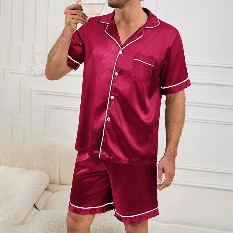 Mens Pajamas  Silk Satin Set Top and Shorts Sleepwear Nightwear Casual Pyjamas