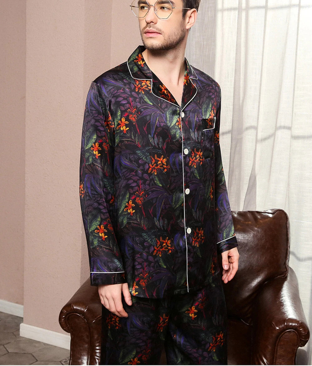 Men's Print 100% Mulberry Silk Pajamas Set Winter Long Sleeves Silk Sleepwear
