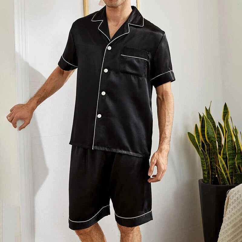 Mens Pajamas  Silk Satin Set Top and Shorts Sleepwear Nightwear Casual Pyjamas