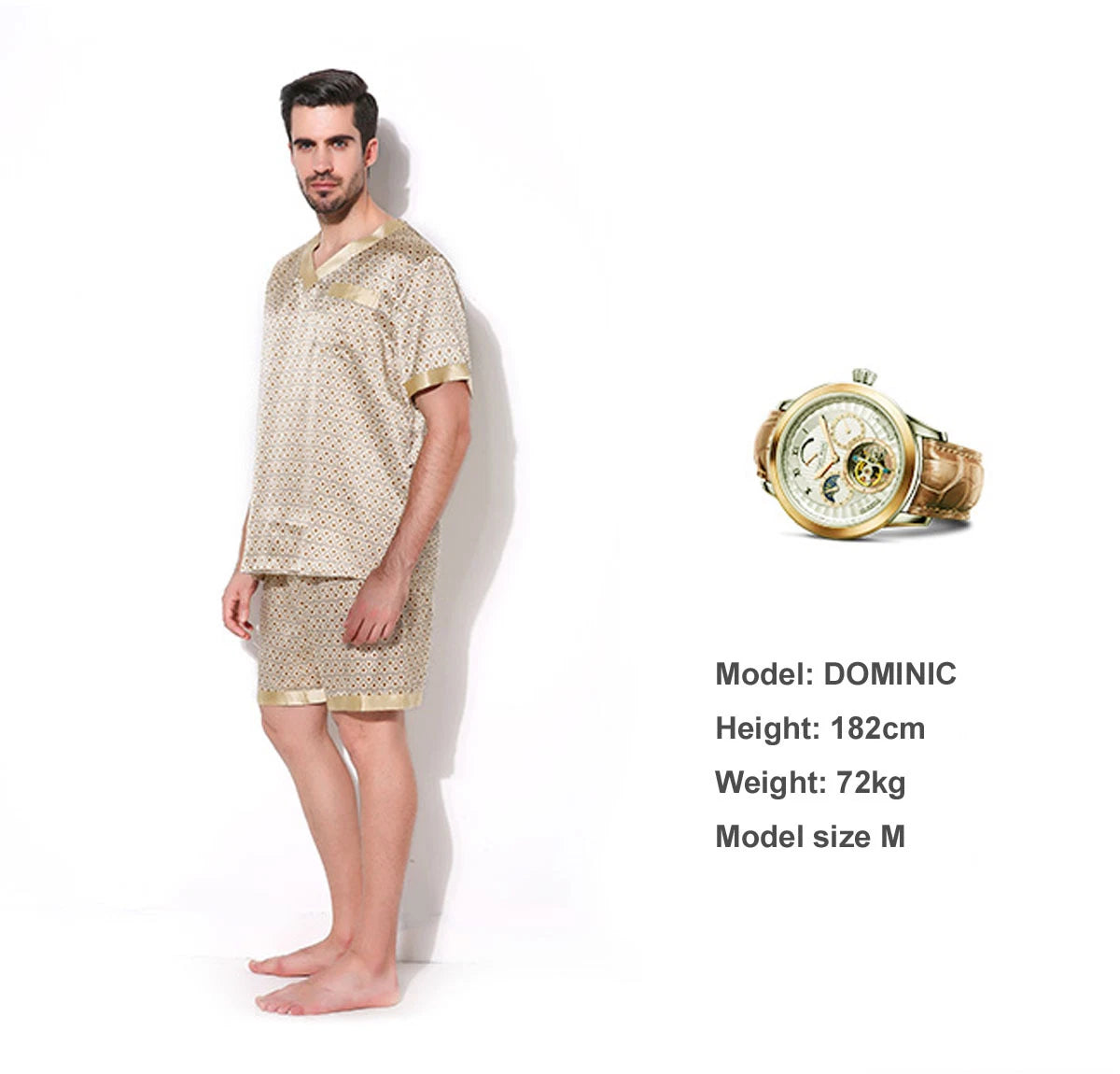 Mens 100% Silk Print Sleepwear T-shirt Top & Shorts Set Silk Pajamas Set S M L