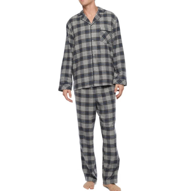 St. John's Bay Men's Flannel Pajama Set LARGE TALL Gray Black Plaid 2 Piece New