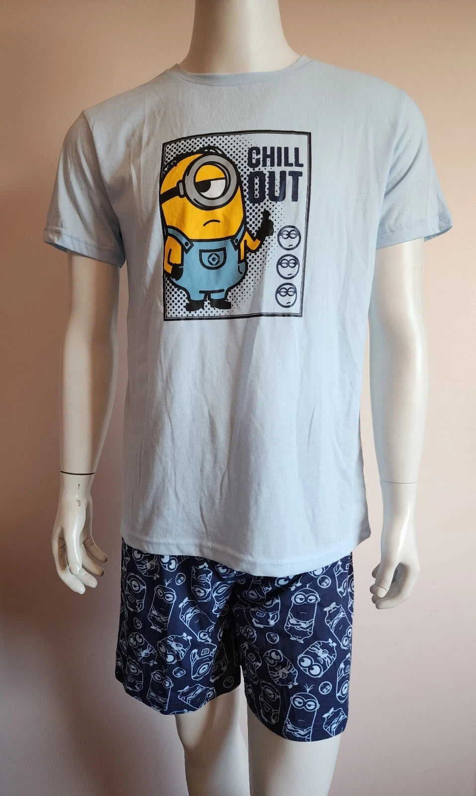 Minions Mens Chill Out Blue Printed 2 Piece Short Sleeve Pyjama Set Size S New