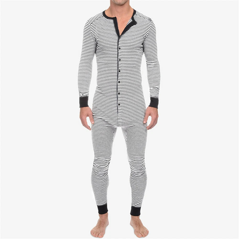 Mens One-Piece Pajamas Long Sleeve Button Bodysuits Jumpsuits Sleepwear Overalls