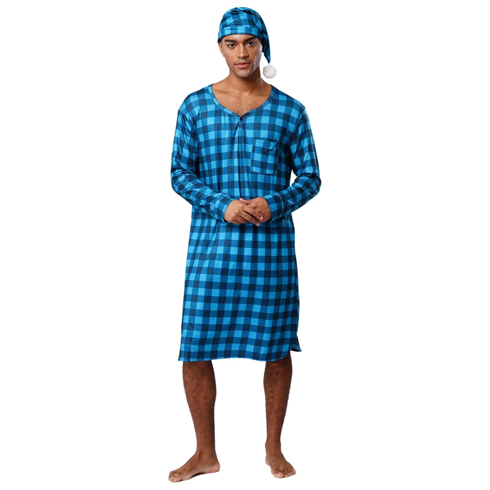 Mens Nightwear Satin Silk Pajama Set  long Sleeve and hat Sleepwear Nightgown