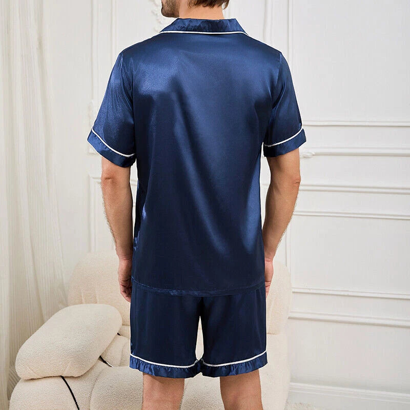 Mens Pajamas  Silk Satin Set Top and Shorts Sleepwear Nightwear Casual Pyjamas