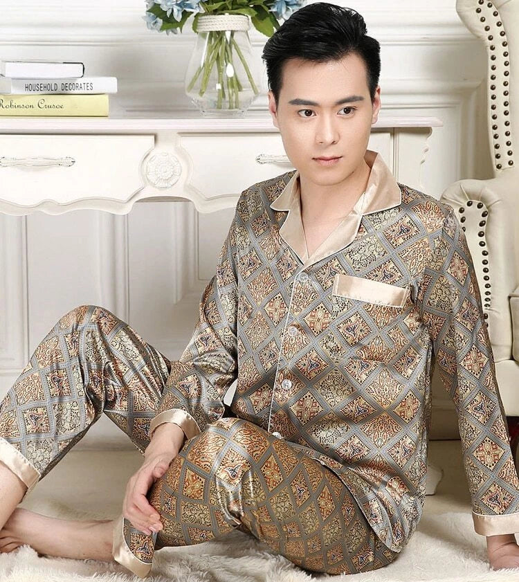 Mens Pajamas Nightwear Long Sleeve Sleep Tops Trousers Thin Ice Silk Pajamas Set