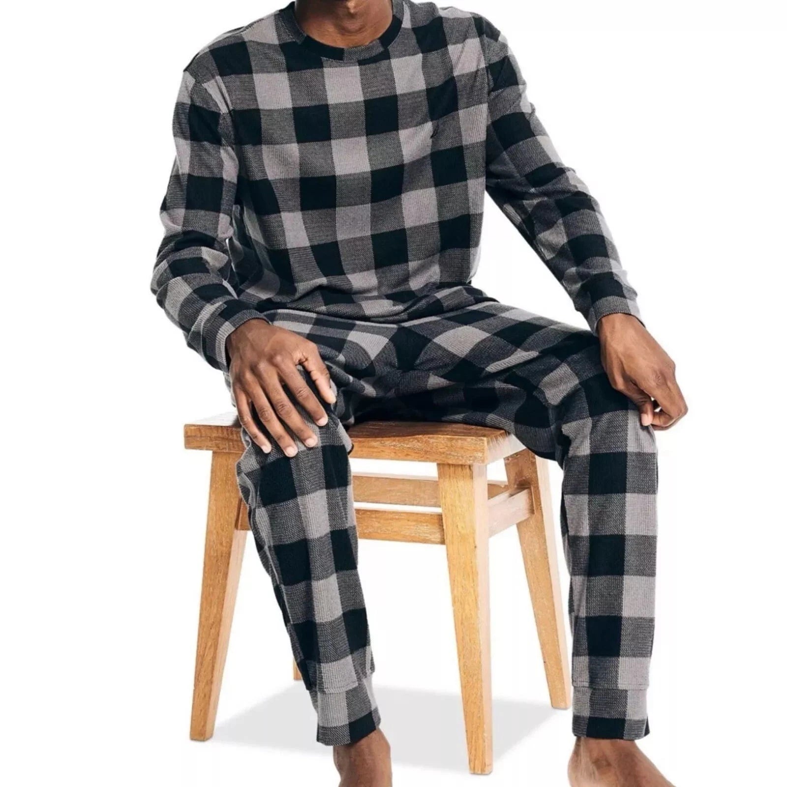 Nautica Men's Relaxed Fit 2PC Waffle Buffalo Plaid Pajama Set, Storm Grey-XL