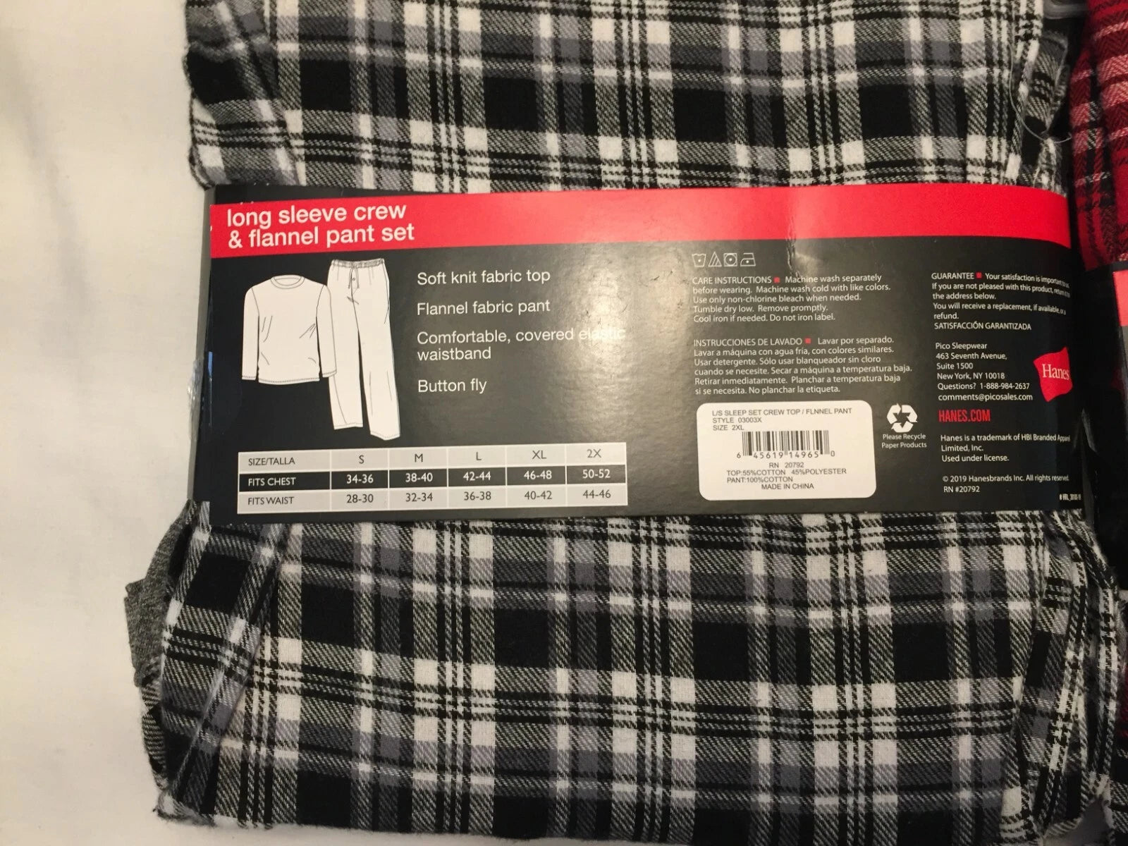 NWT Men's Hanes Long Sleeve Crew Top - Flannel Pant - Set Pajamas PJs Red / Gray