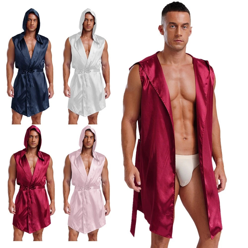 Mens Homewear Lace Up Pajama Robe With Belt Satin Nightwear Hot Spring Outfits