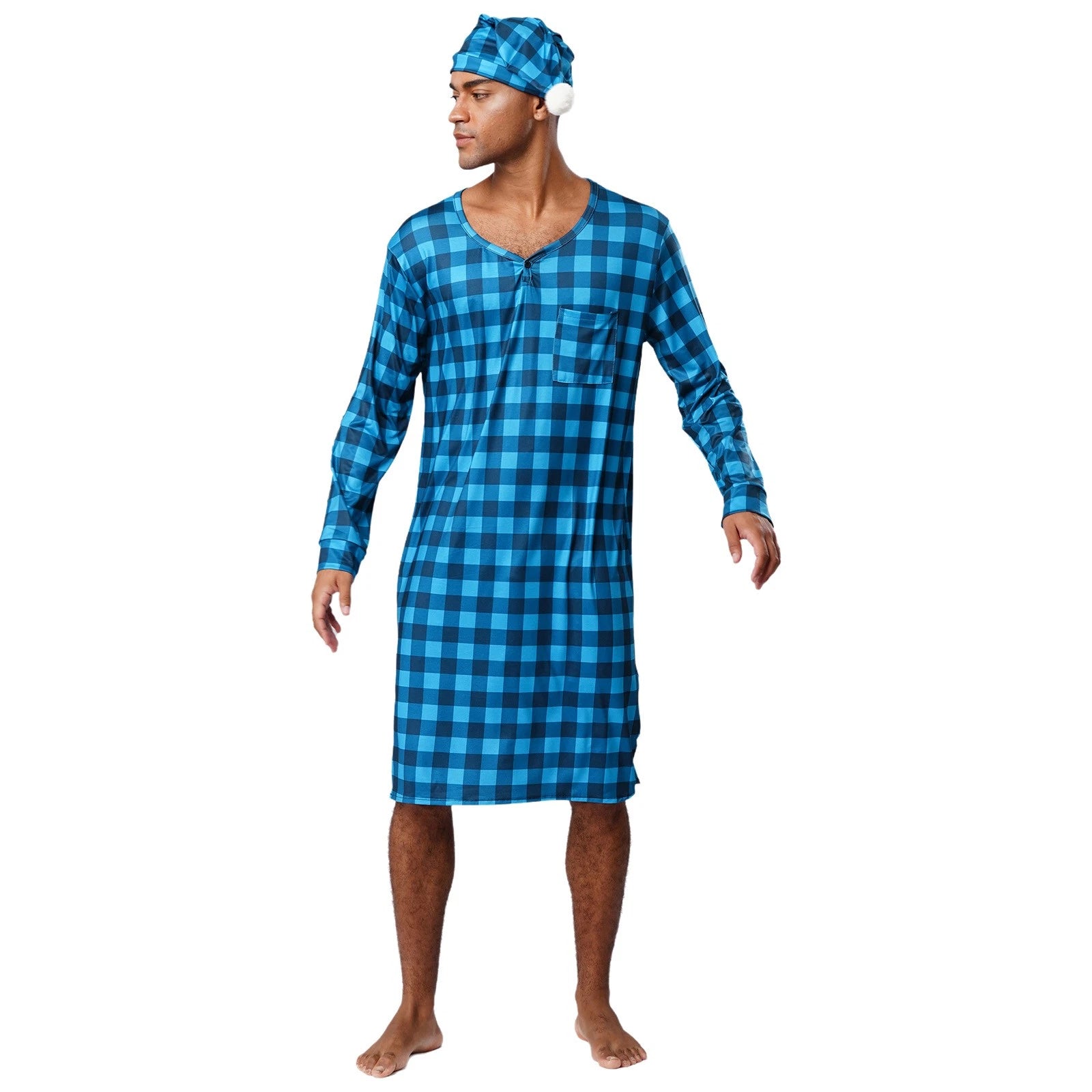 Mens Nightwear Satin Silk Pajama Set  long Sleeve and hat Sleepwear Nightgown