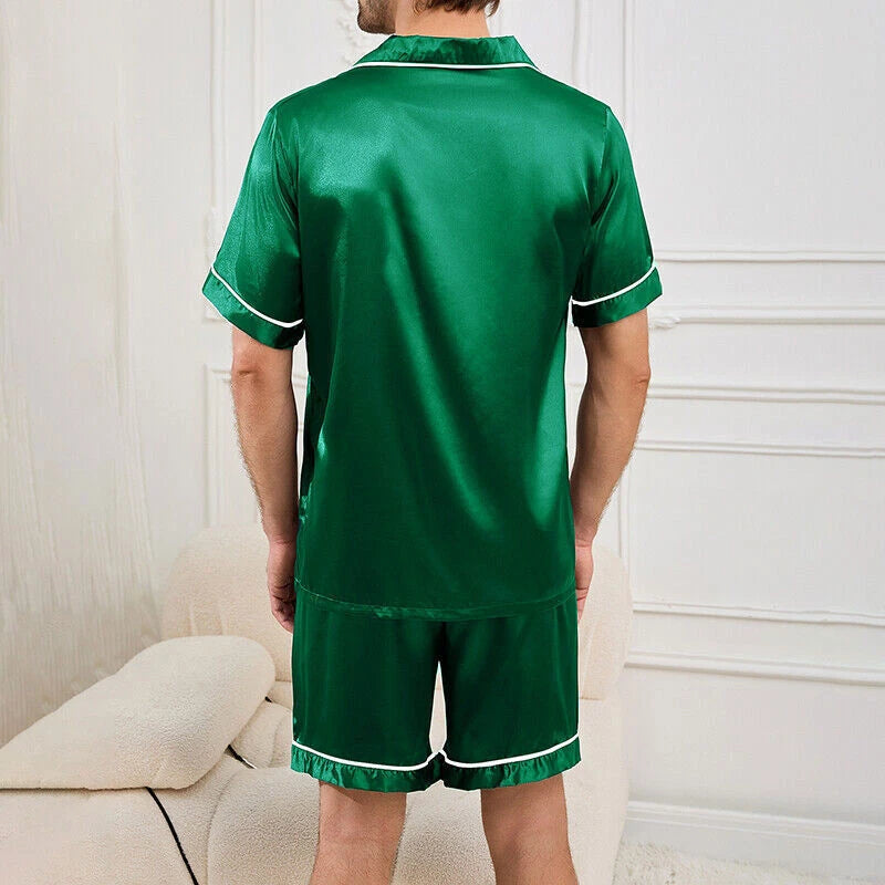 Mens Pajamas  Silk Satin Set Top and Shorts Sleepwear Nightwear Casual Pyjamas