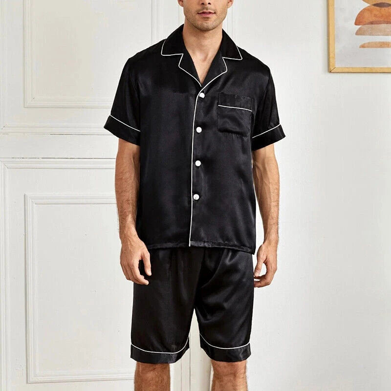 Mens Pajamas  Silk Satin Set Top and Shorts Sleepwear Nightwear Casual Pyjamas