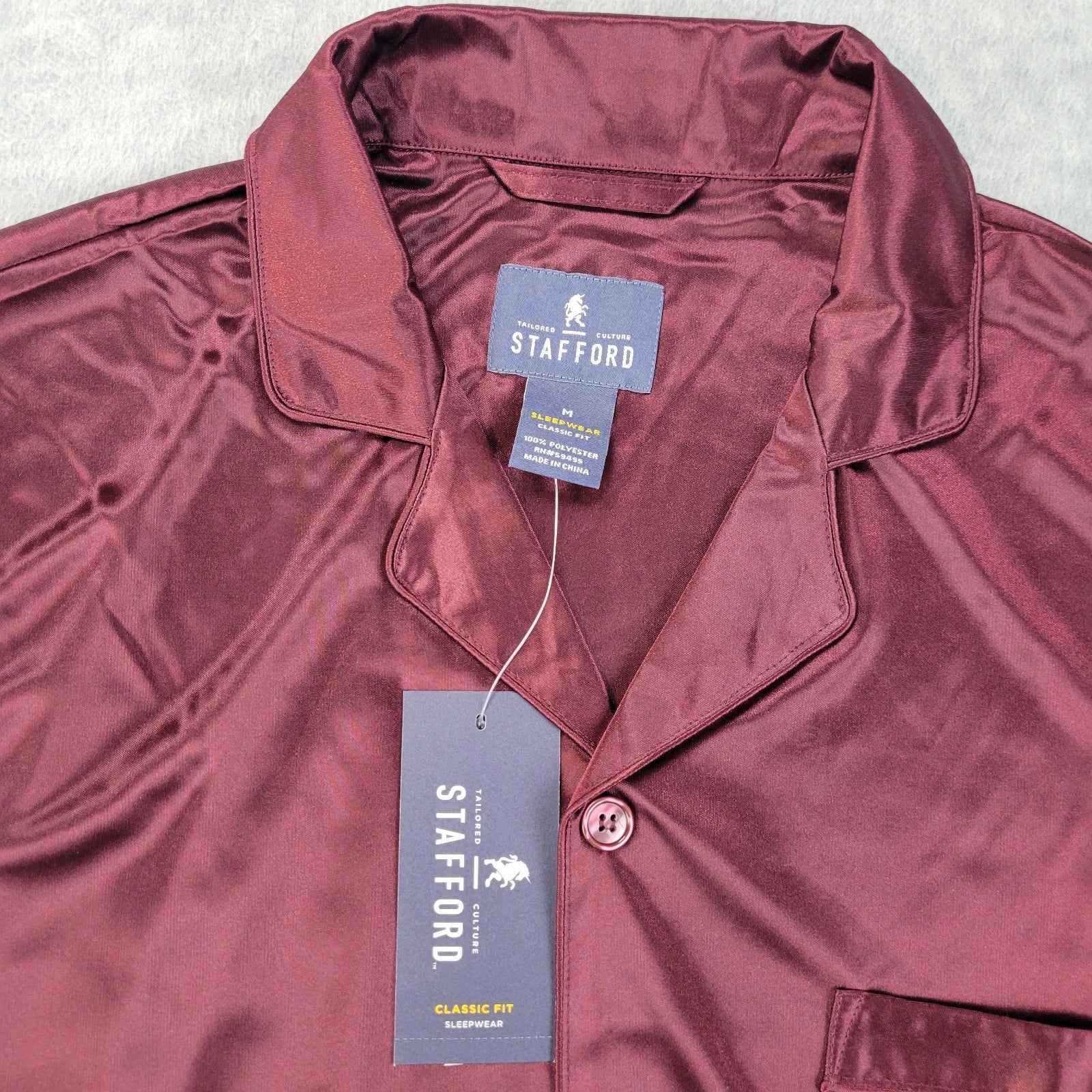 Stafford Pajama Set Satin Madeira Wine Sleepwear L/S Shirt & Pants Mens M NWT