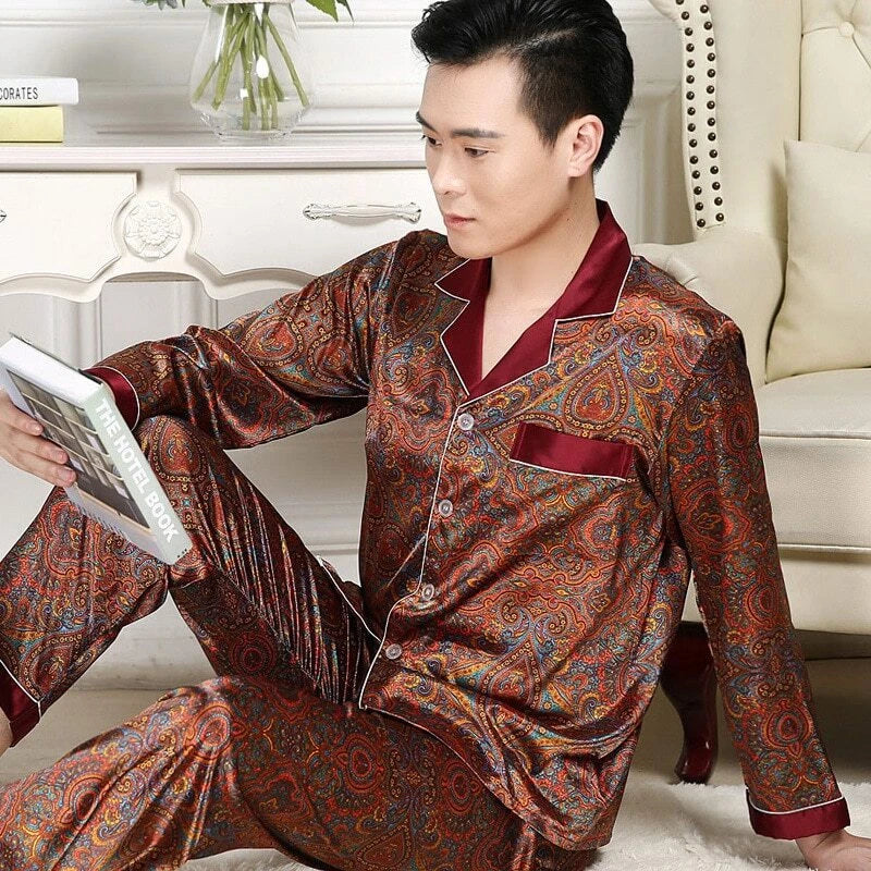 Mens Pajamas Nightwear Long Sleeve Sleep Tops Trousers Thin Ice Silk Pajamas Set