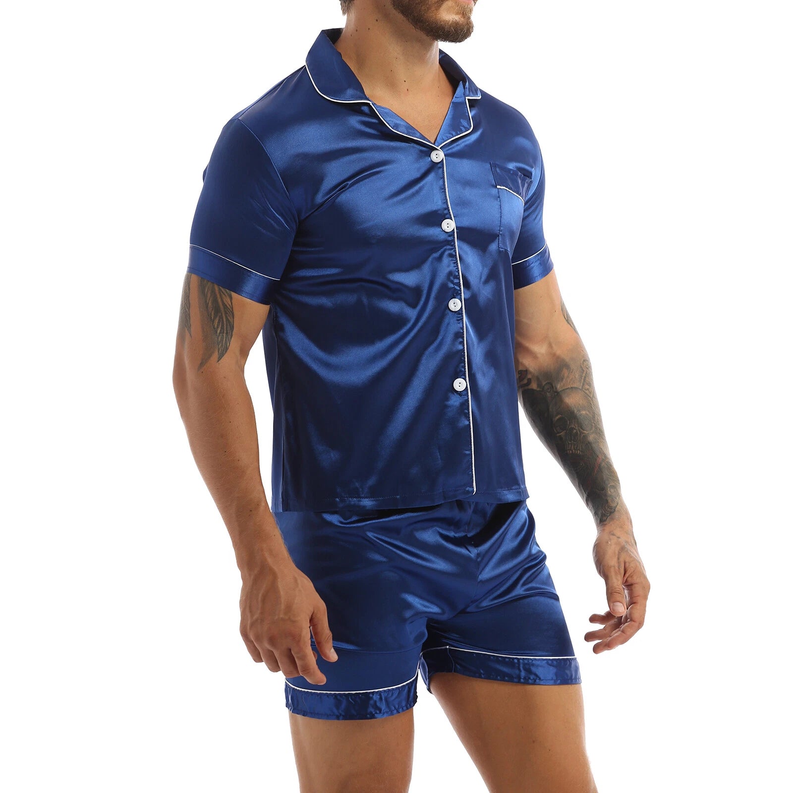 Mens Shiny Satin Pajamas Set Short Sleeves Button Down Shirt with Boxer Short