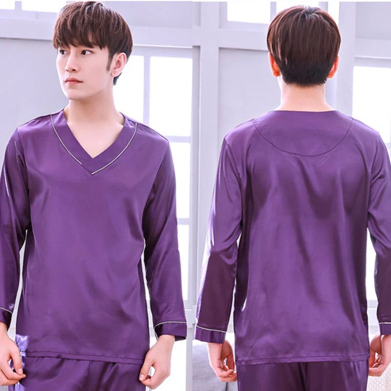 NWT 2PCS Mens Silk Satin Pajamas Sleepwear Pyjamas PJS Long Sleeve M031 M L XL