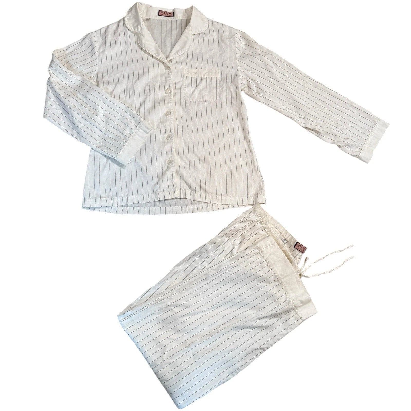 VTG Thomas Pink Pajamas Set M White Pinstripe 100% Cotton 2 Pc Lounge Sleepwear