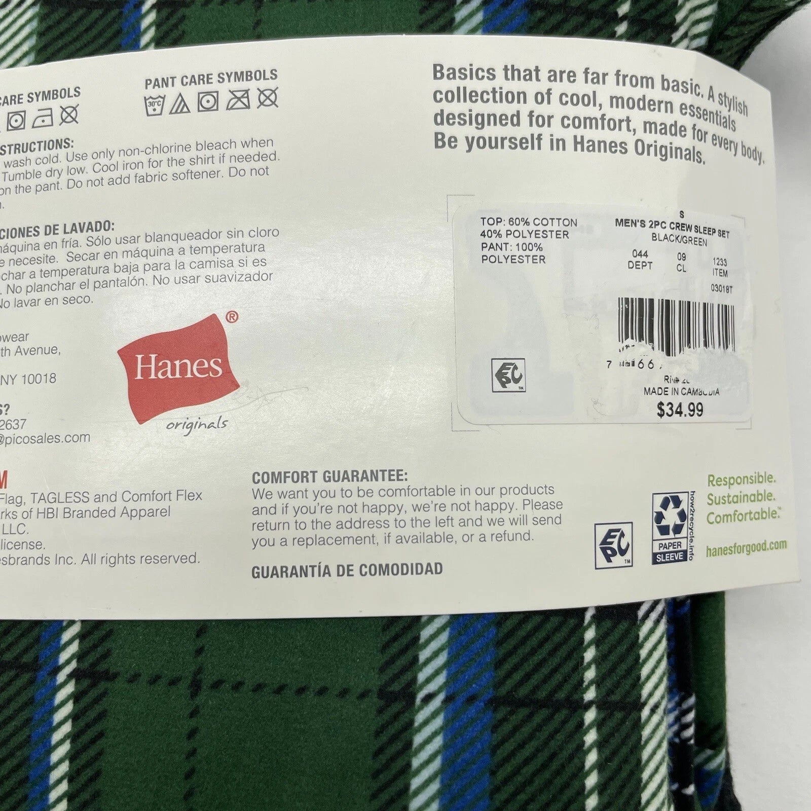 S Hanes Originals Men's 2 Pc Plaid Comfort Fleece Sleep Pajama Set Black SMALL