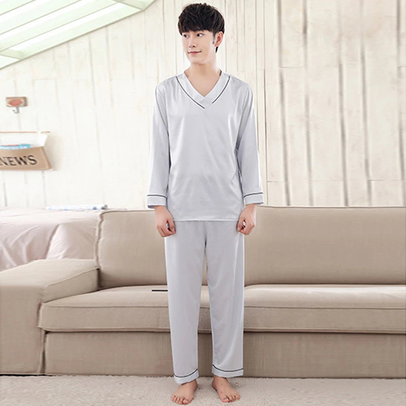 NWT 2PCS Mens Silk Satin Pajamas Sleepwear Pyjamas PJS Long Sleeve M031 M L XL