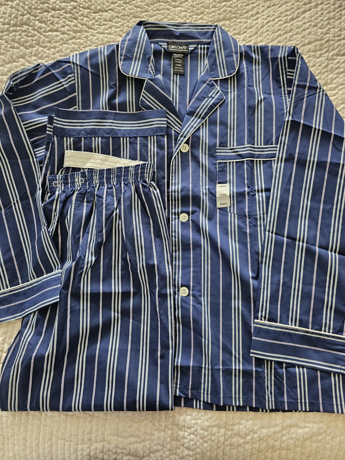 Vintage Men's Diplomat  2 pc pajama set NEW Size Large Vertical Stripe Cotton