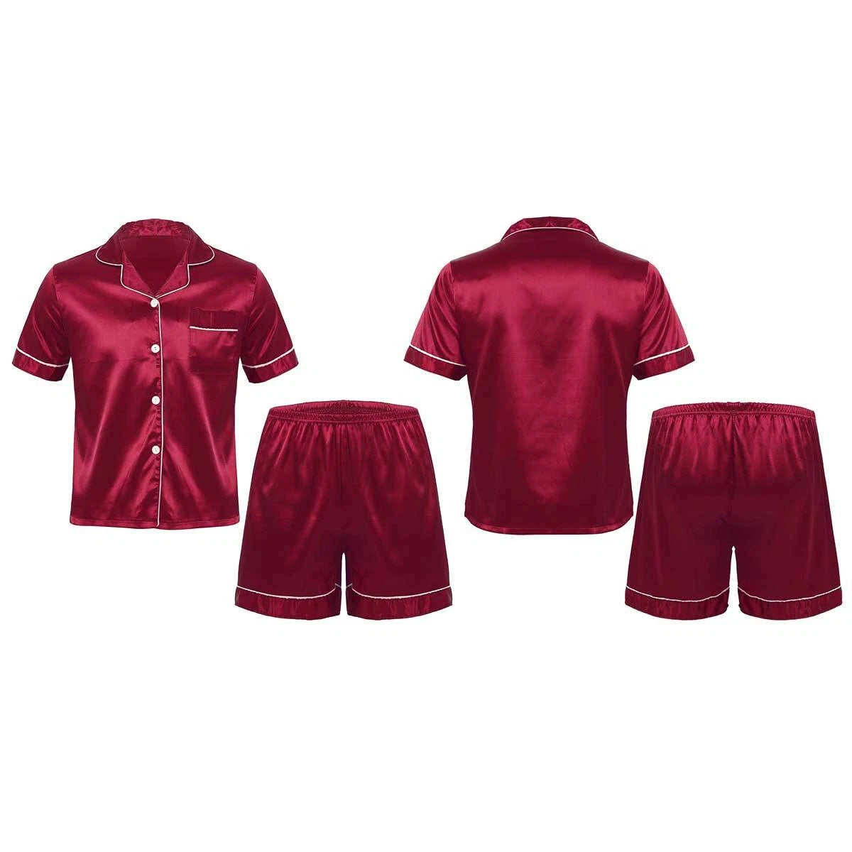 Mens Shiny Satin Pajamas Set Short Sleeves Button Down Shirt with Boxer Short