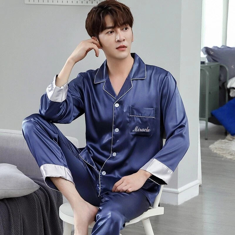 Mens Pajamas Nightwear Long Sleeve Sleep Tops Trousers Thin Ice Silk Pajamas Set