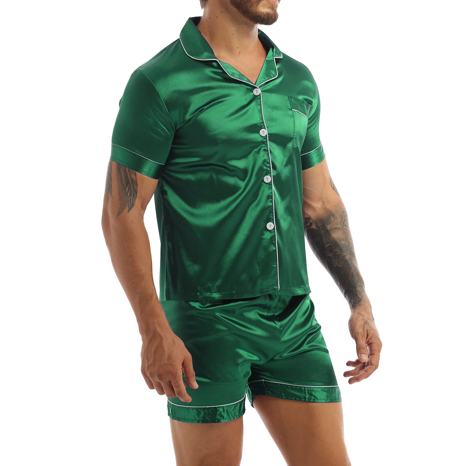 Mens Shiny Satin Pajamas Set Short Sleeves Button Down Shirt with Boxer Short