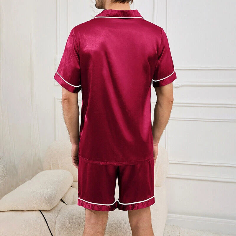 Mens Pajamas  Silk Satin Set Top and Shorts Sleepwear Nightwear Casual Pyjamas