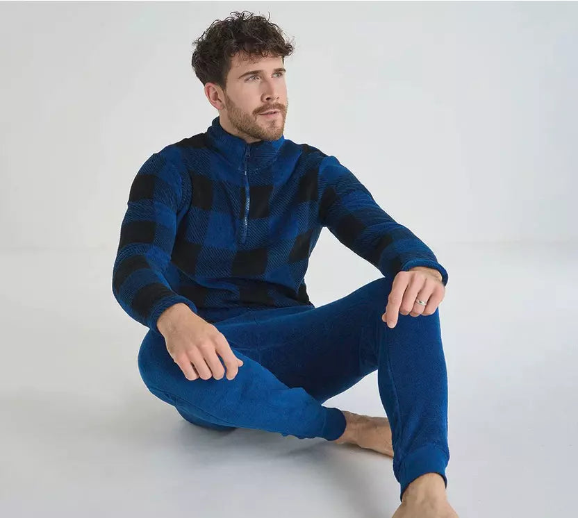 Mens High Street Checked Fleece Blue/Black Soft Warm Pyjamas Lounge Set