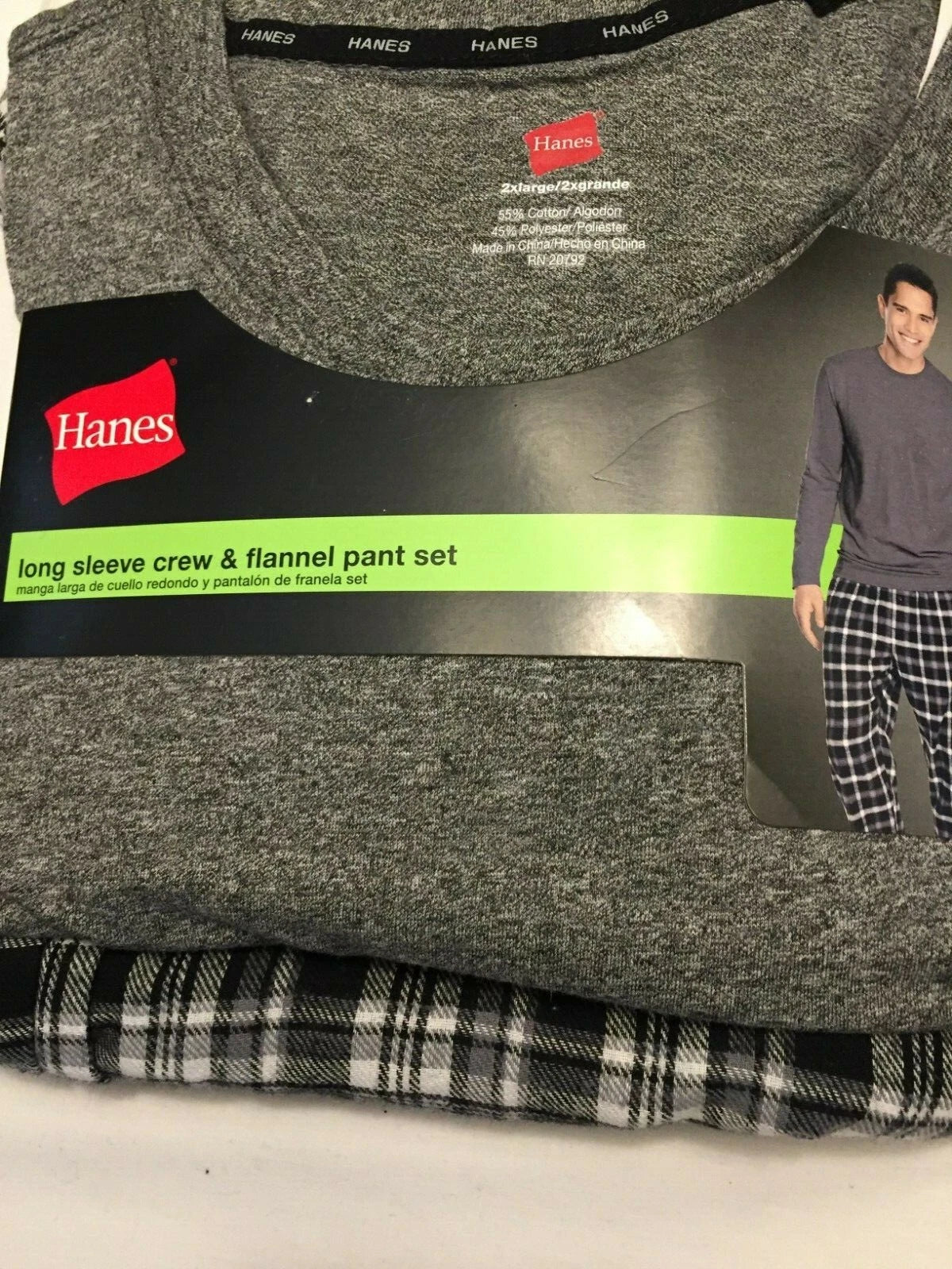 NWT Men's Hanes Long Sleeve Crew Top - Flannel Pant - Set Pajamas PJs Red / Gray