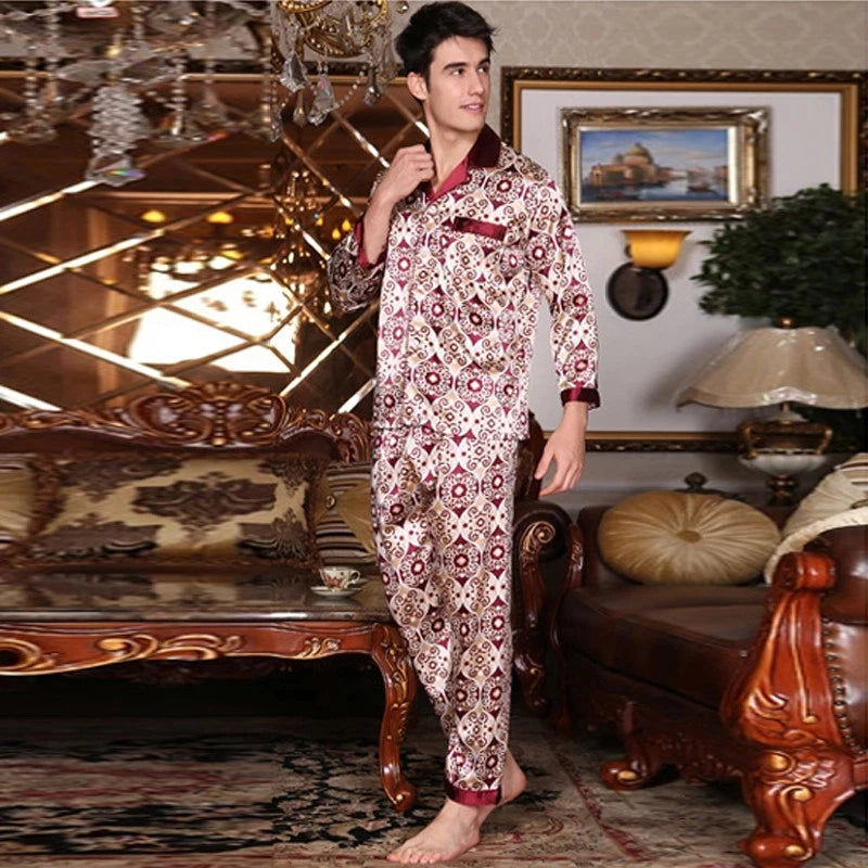 NWT 2PCS Mens Silk Satin Pajamas Sleepwear Pyjamas PJS Long Sleeve M029 M L