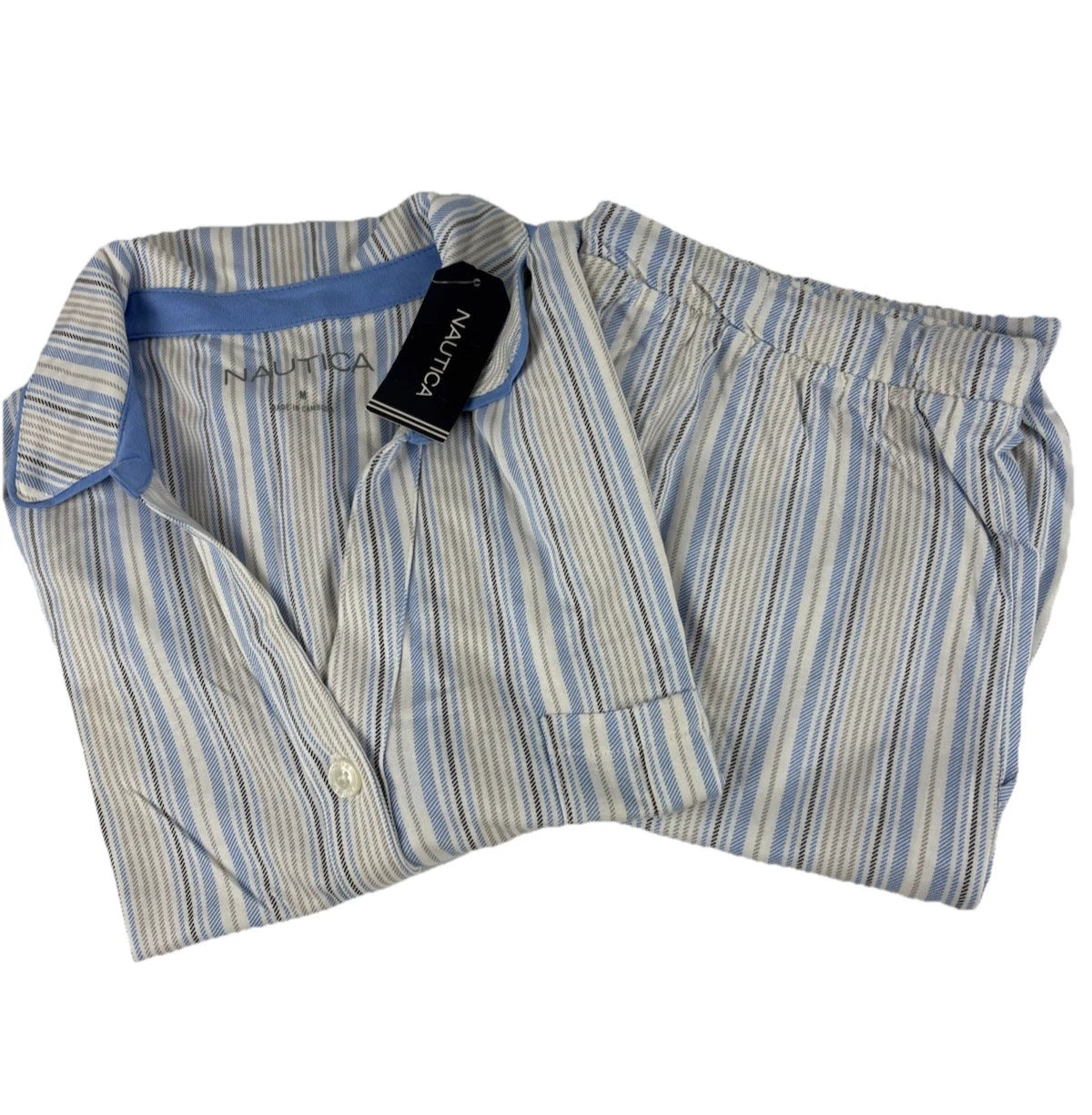 Nautica Mens 2 Piece Short Sleeved, Cropped Pants, Striped Pajama Set Size M