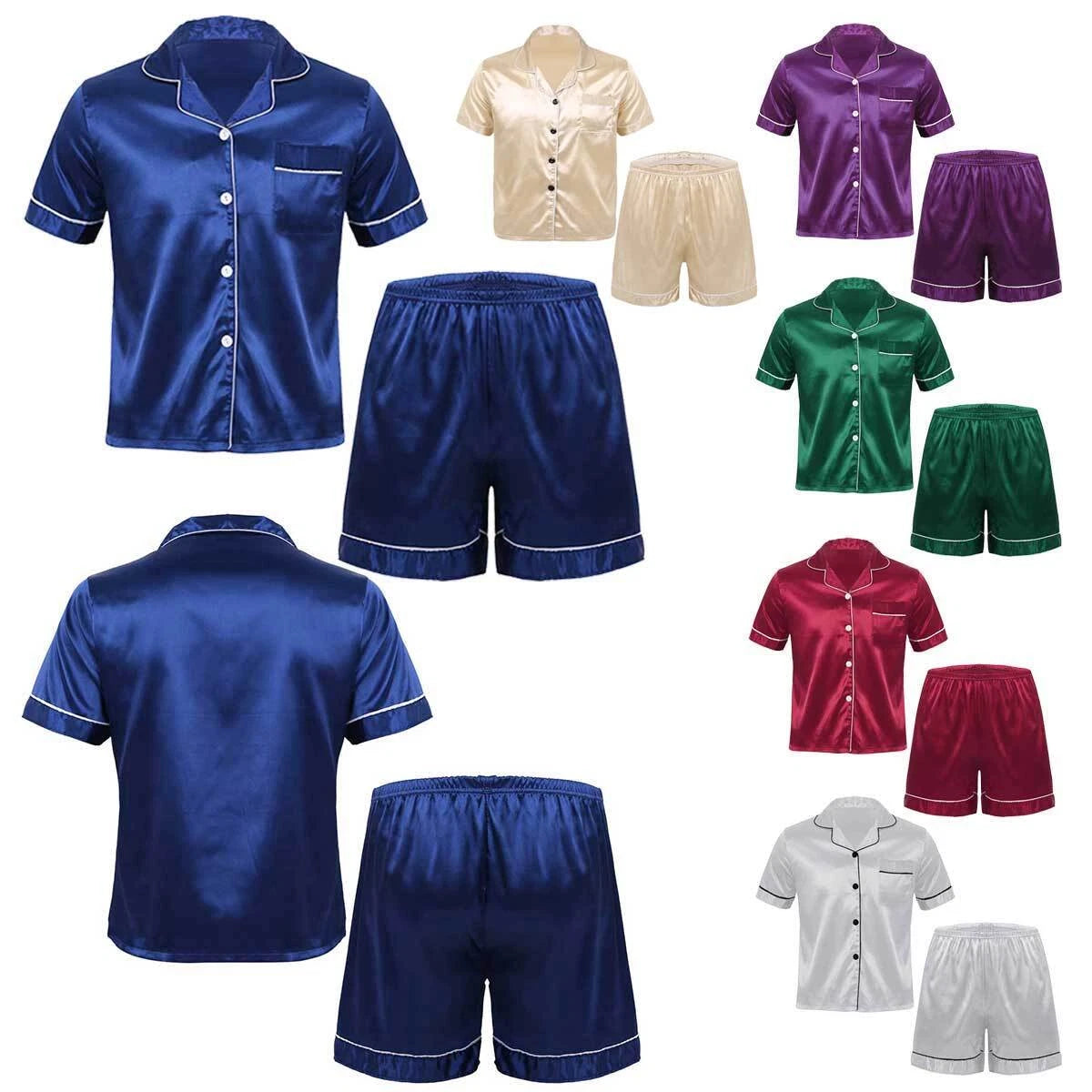 Mens Shiny Satin Pajamas Set Short Sleeves Button Down Shirt with Boxer Short