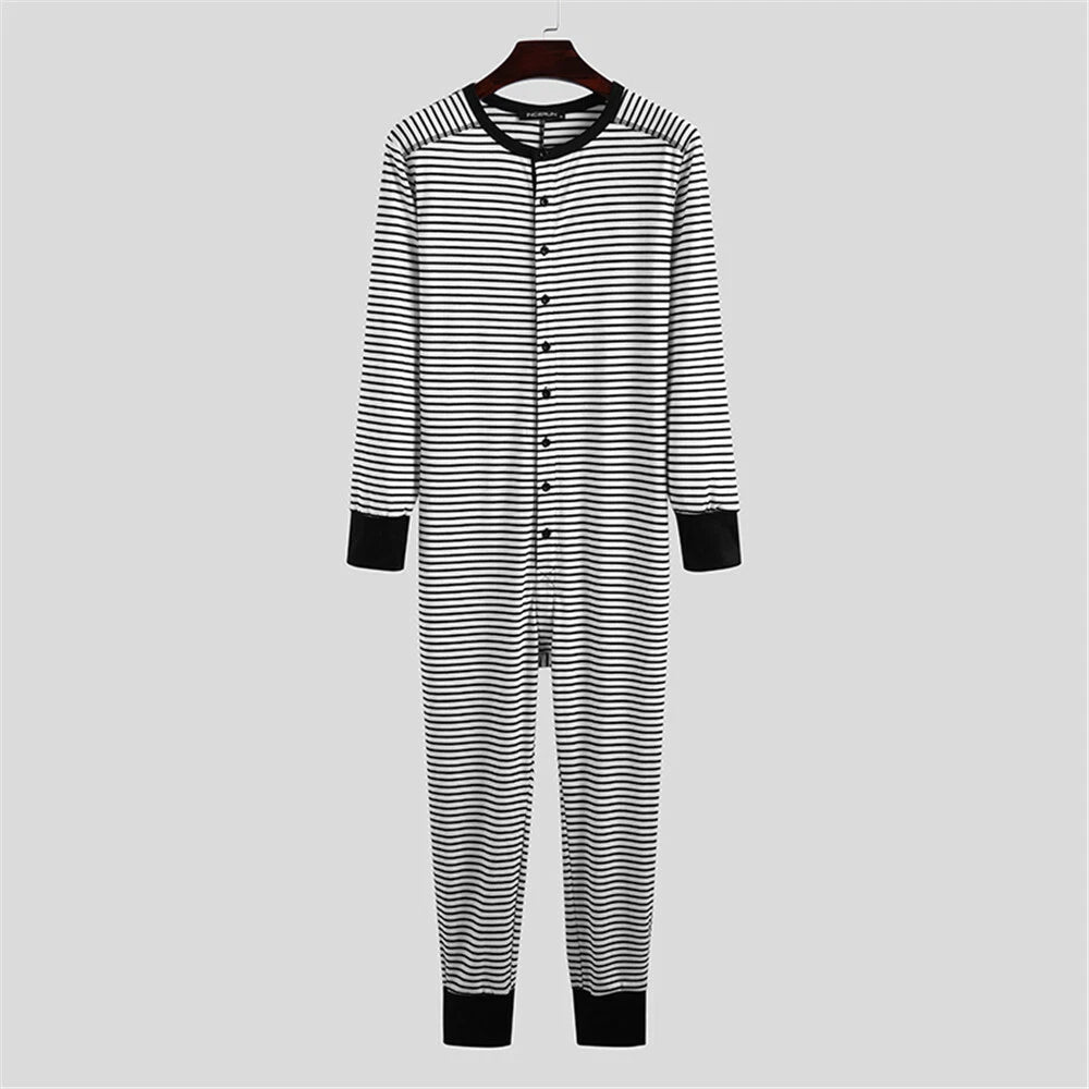 Mens One-Piece Pajamas Long Sleeve Button Bodysuits Jumpsuits Sleepwear Overalls