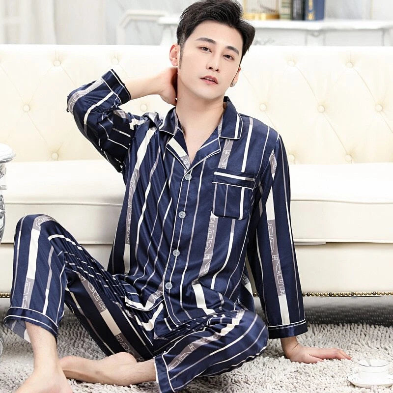 Mens Pajamas Nightwear Long Sleeve Sleep Tops Trousers Thin Ice Silk Pajamas Set