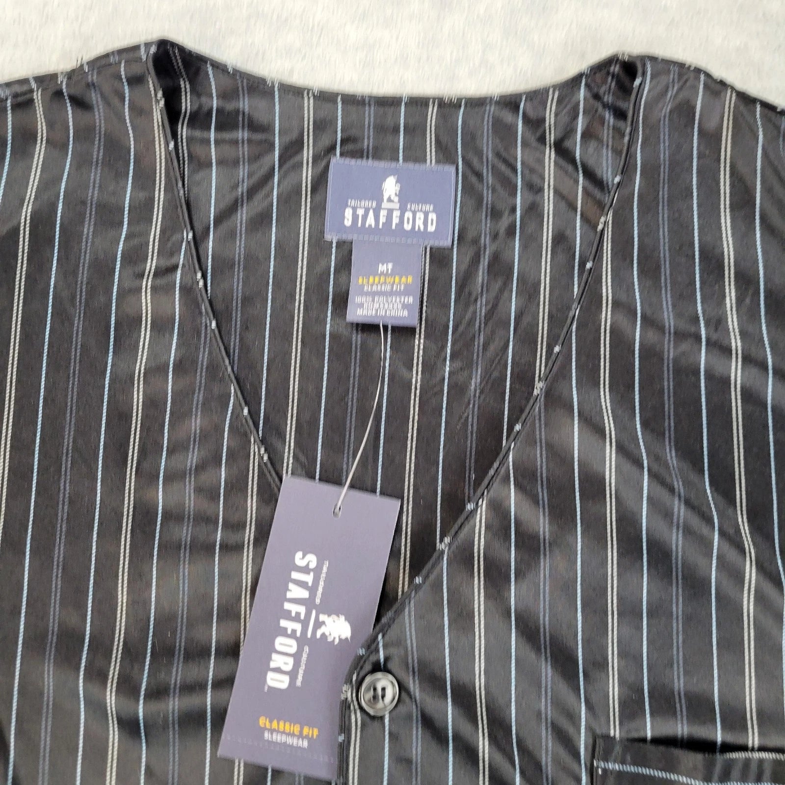 Stafford Pajama Set Satin Black Stripe Sleepwear S/S Shirt & Shorts Mens MT NWT