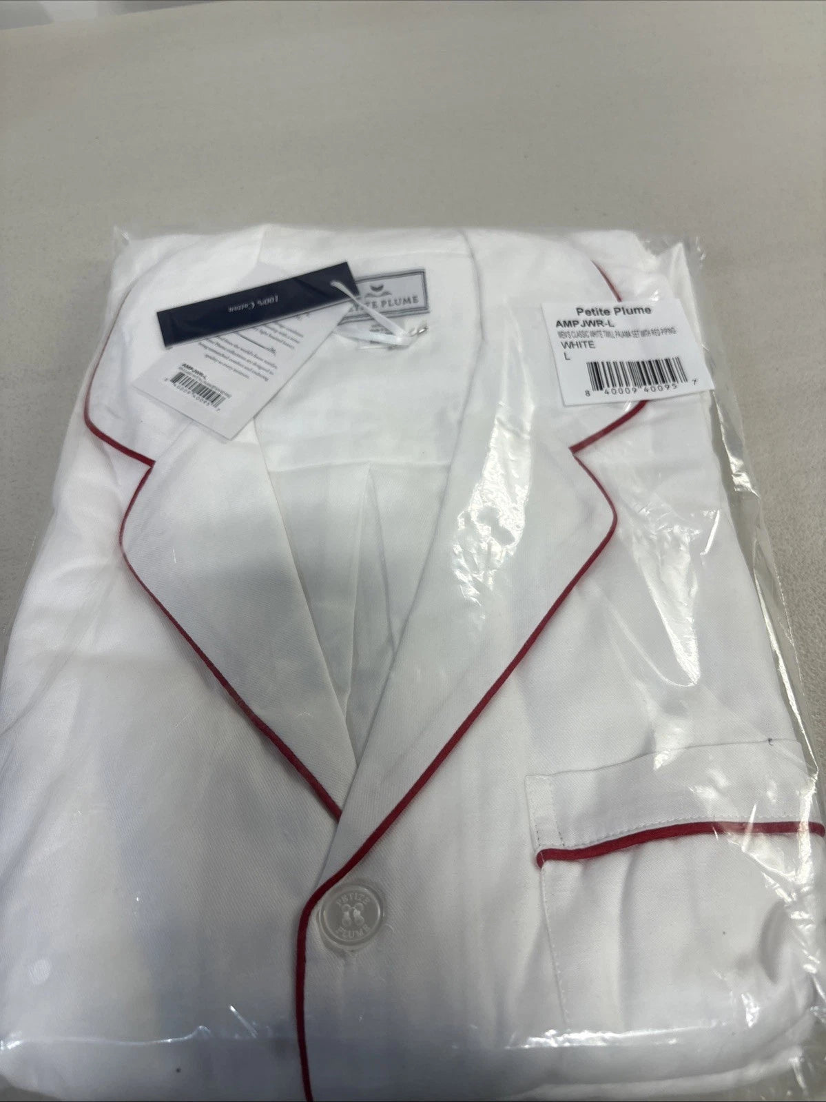 Petite Plume Men's Classic White Twill Pajama Set w/ Red Piping Size large