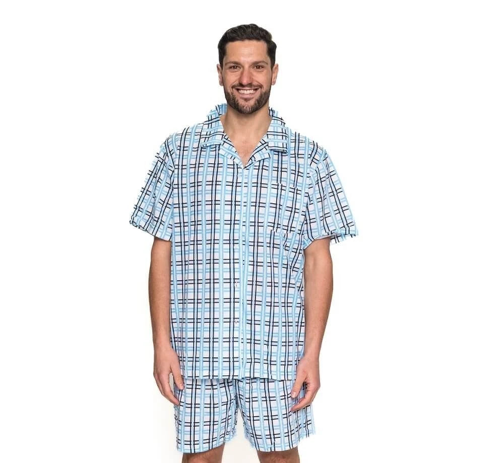 Mens Blue Black Check Print Short Sleeve Summer Cotton Pjs Pyjama Set