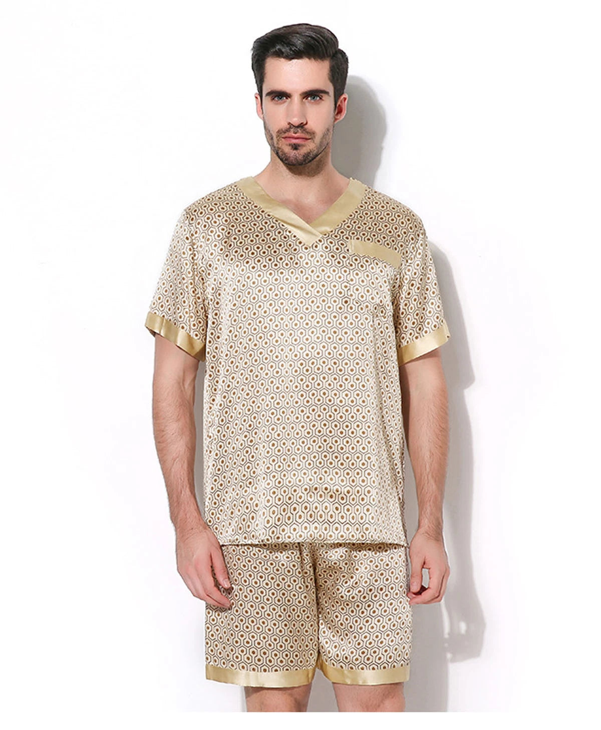 Mens 100% Silk Print Sleepwear T-shirt Top & Shorts Set Silk Pajamas Set S M L