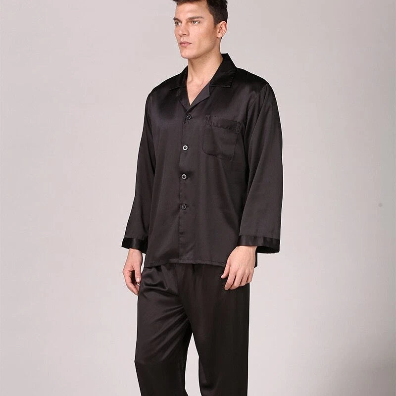 Mens Pajamas Nightwear Long Sleeve Sleep Tops Trousers Thin Ice Silk Pajamas Set