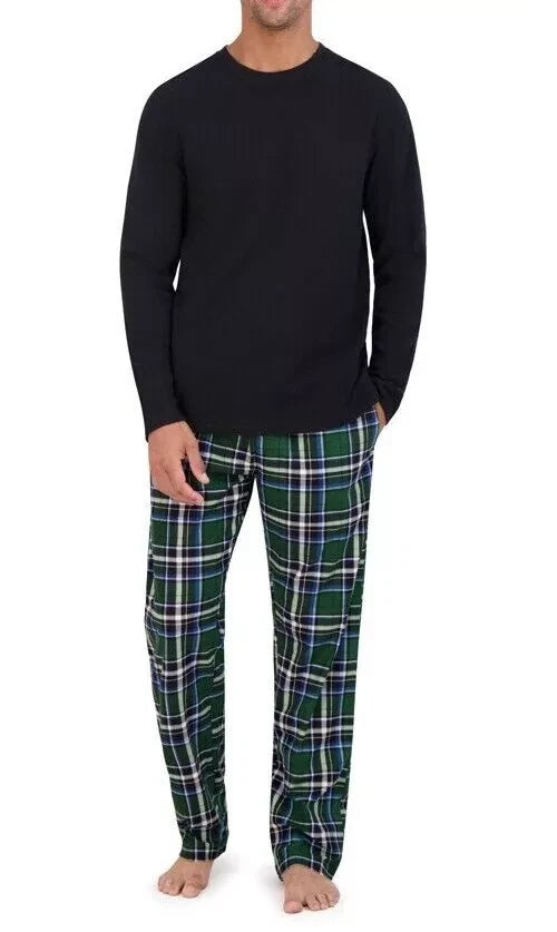 S Hanes Originals Men's 2 Pc Plaid Comfort Fleece Sleep Pajama Set Black SMALL