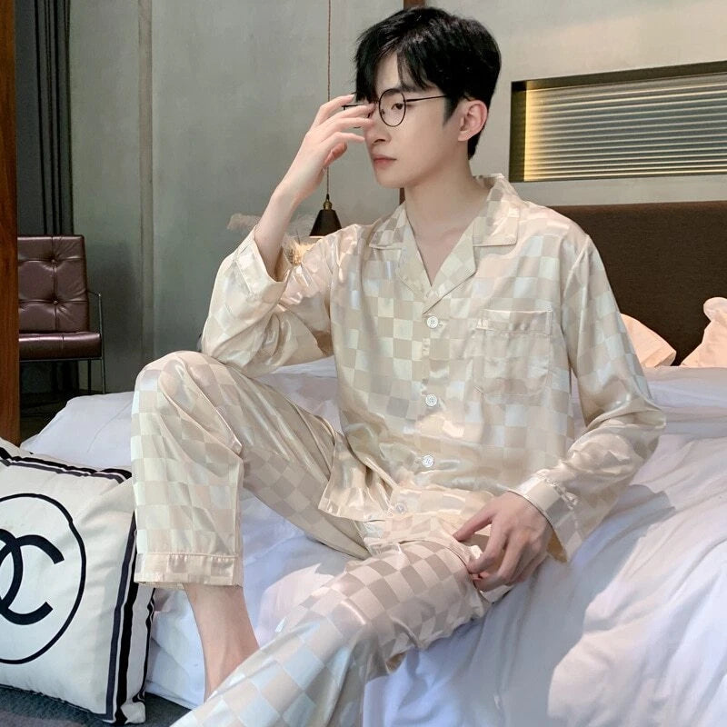 Mens Pajamas Nightwear Long Sleeve Sleep Tops Trousers Thin Ice Silk Pajamas Set