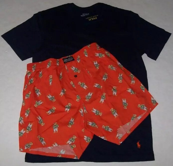 NWT Polo Ralph Lauren Orange/Navy BEACH BEAR Pajama/Undies BOXER SET Men L PONY