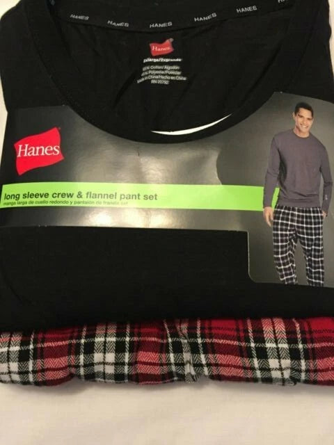 NWT Men's Hanes Long Sleeve Crew Top - Flannel Pant - Set Pajamas PJs Red / Gray