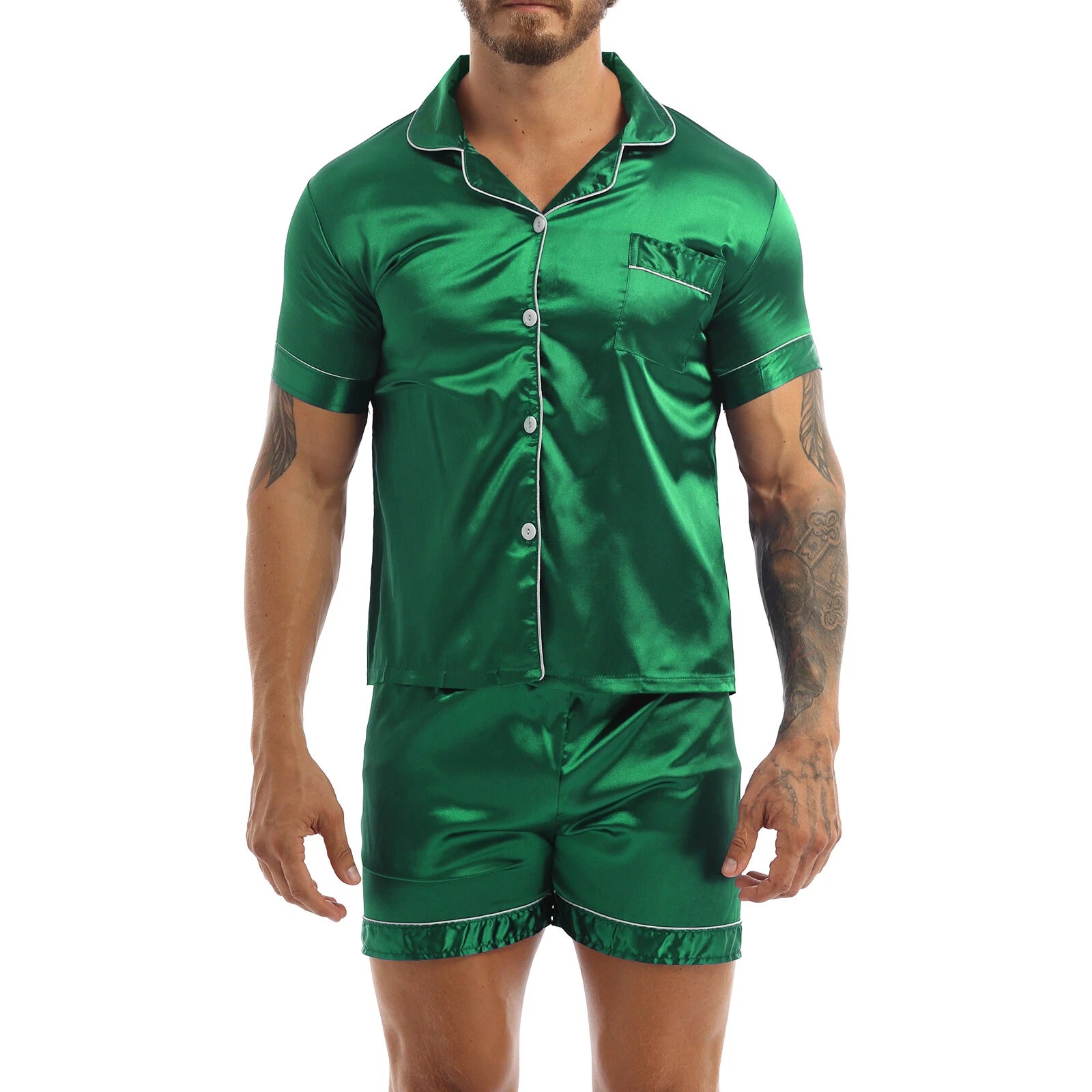 Mens Shiny Satin Pajamas Set Short Sleeves Button Down Shirt with Boxer Short