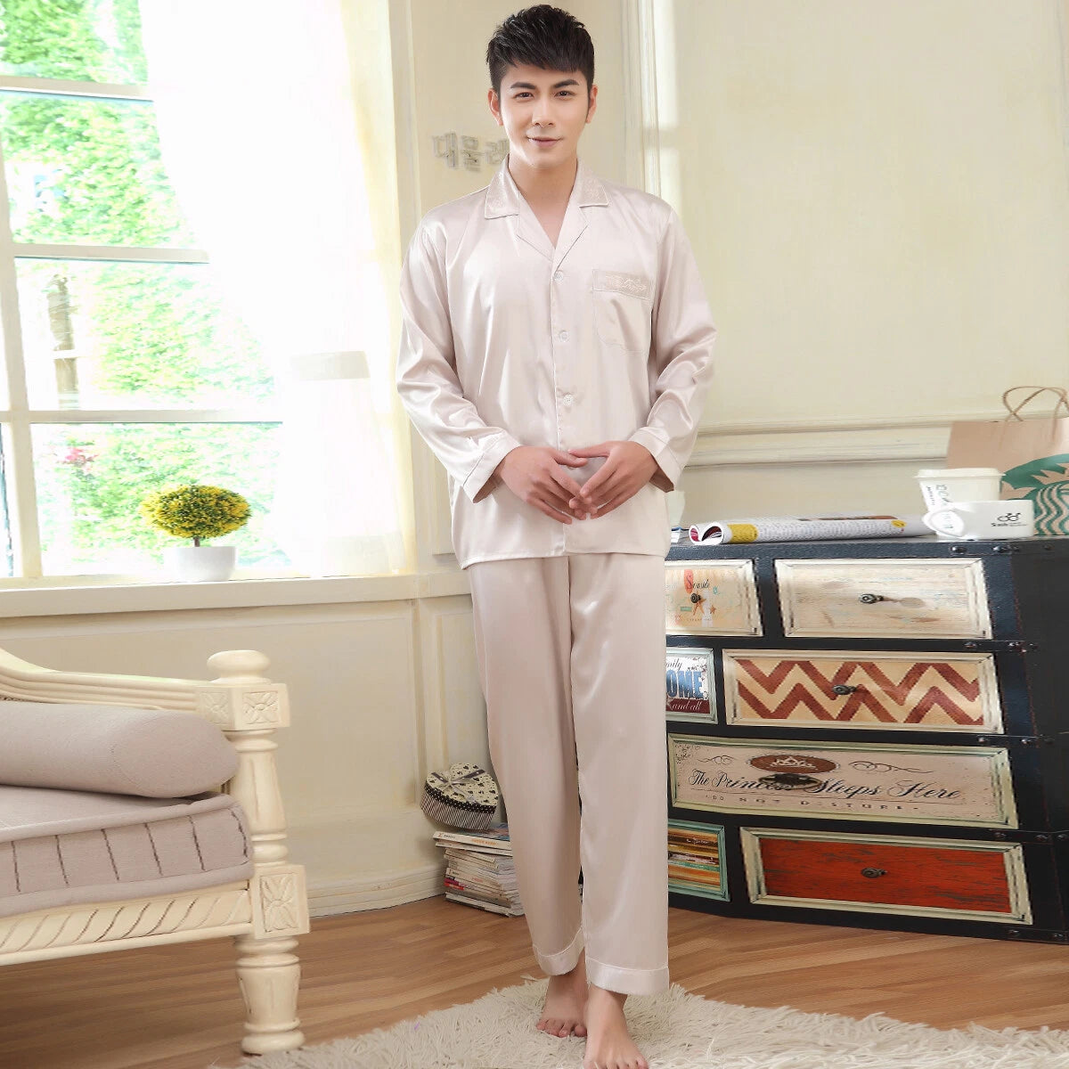 NWT 2PCS Mens Silk Satin Pajamas Sleepwear Pyjamas PJS Long Sleeve M038 M L