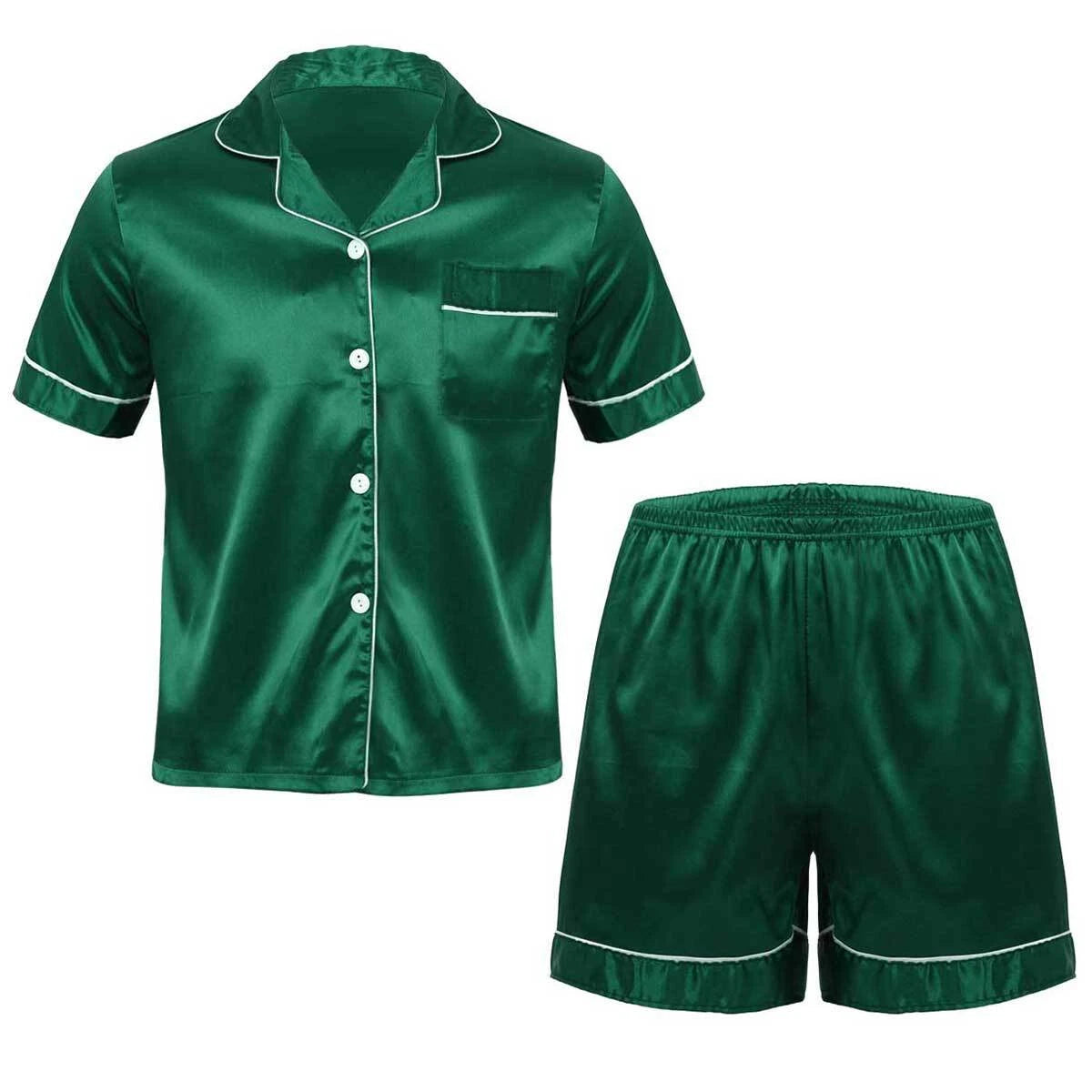 Men's Short Sleeve Satin Pajama Set with Shorts Classic Sleepwear Loungewear