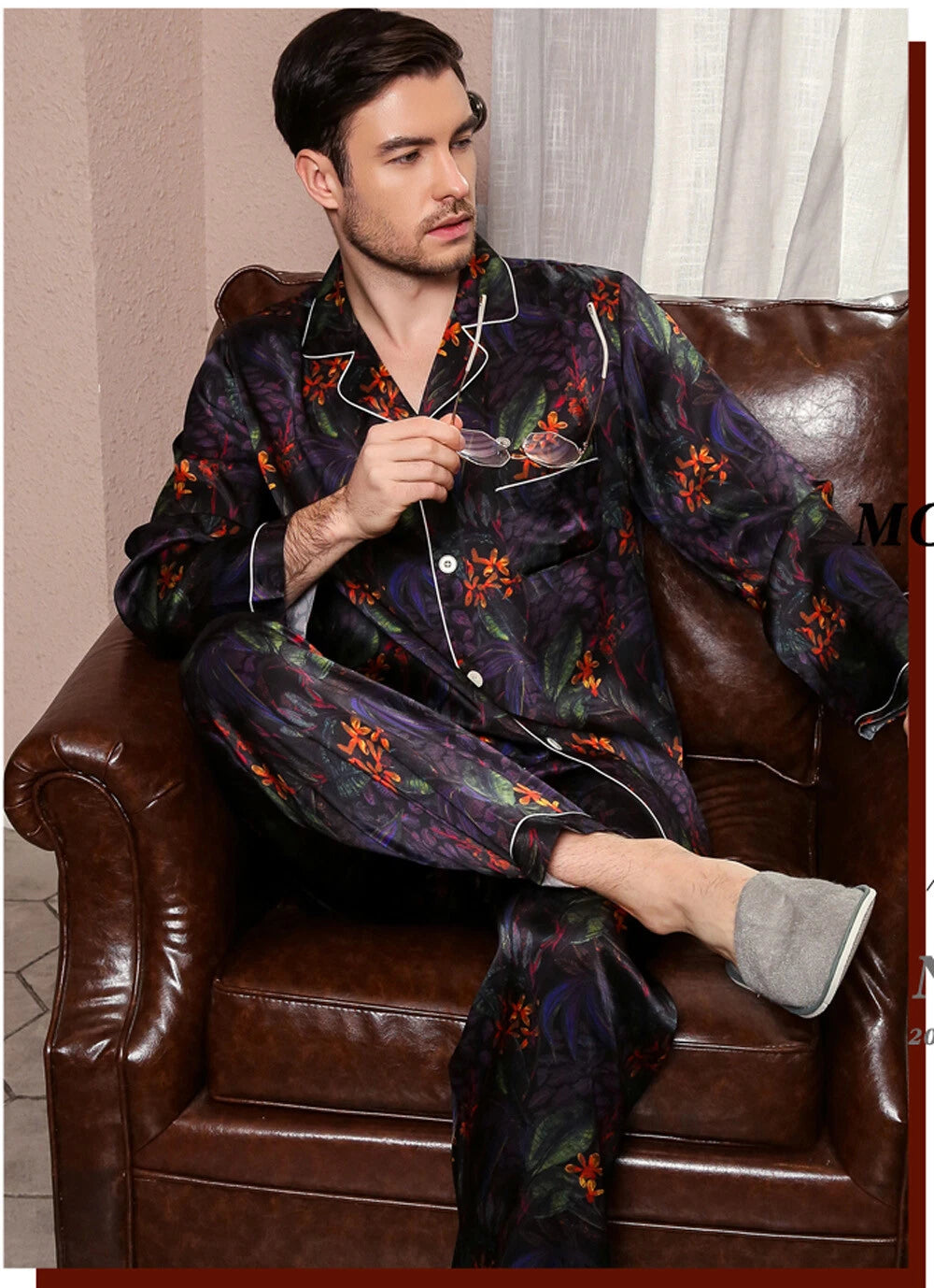 Men's Print 100% Mulberry Silk Pajamas Set Winter Long Sleeves Silk Sleepwear